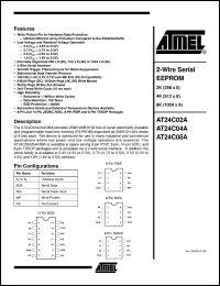 datasheet for AT24C02A-10PC by ATMEL Corporation