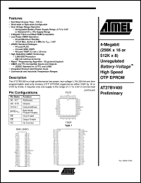 datasheet for AT27BV400-15RI by ATMEL Corporation