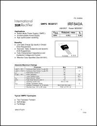 datasheet for IRF840A by International Rectifier