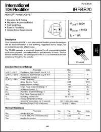 datasheet for IRFBE20 by International Rectifier